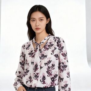 Vince Camuto long sleeves blouse bow tie neck leaves print relaxed size small